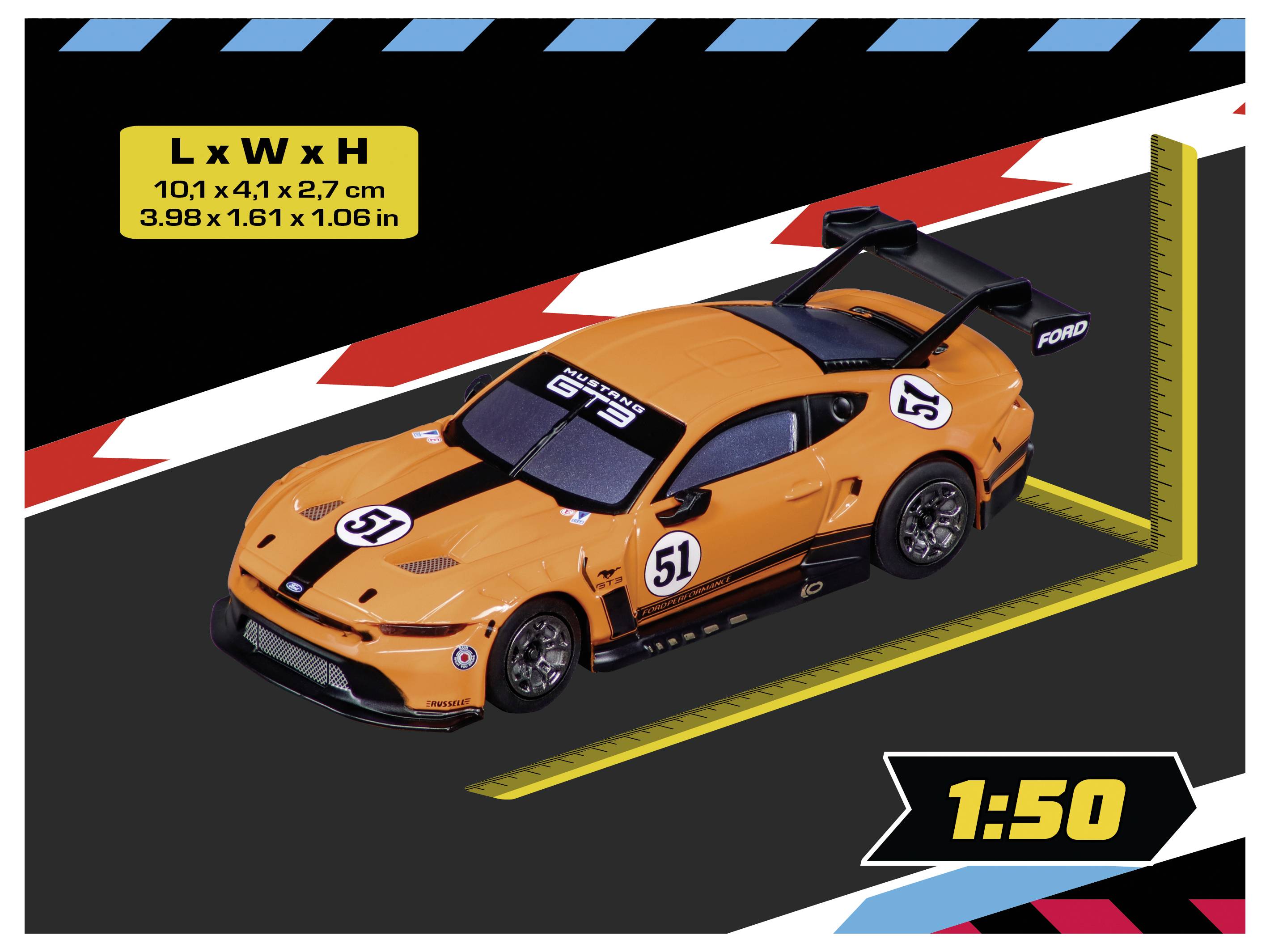 An orange toy race car with number 51 is displayed on a racetrack background. Dimensions: 10.1 x 4.41 x 2.7 cm. Scale: 1:50.