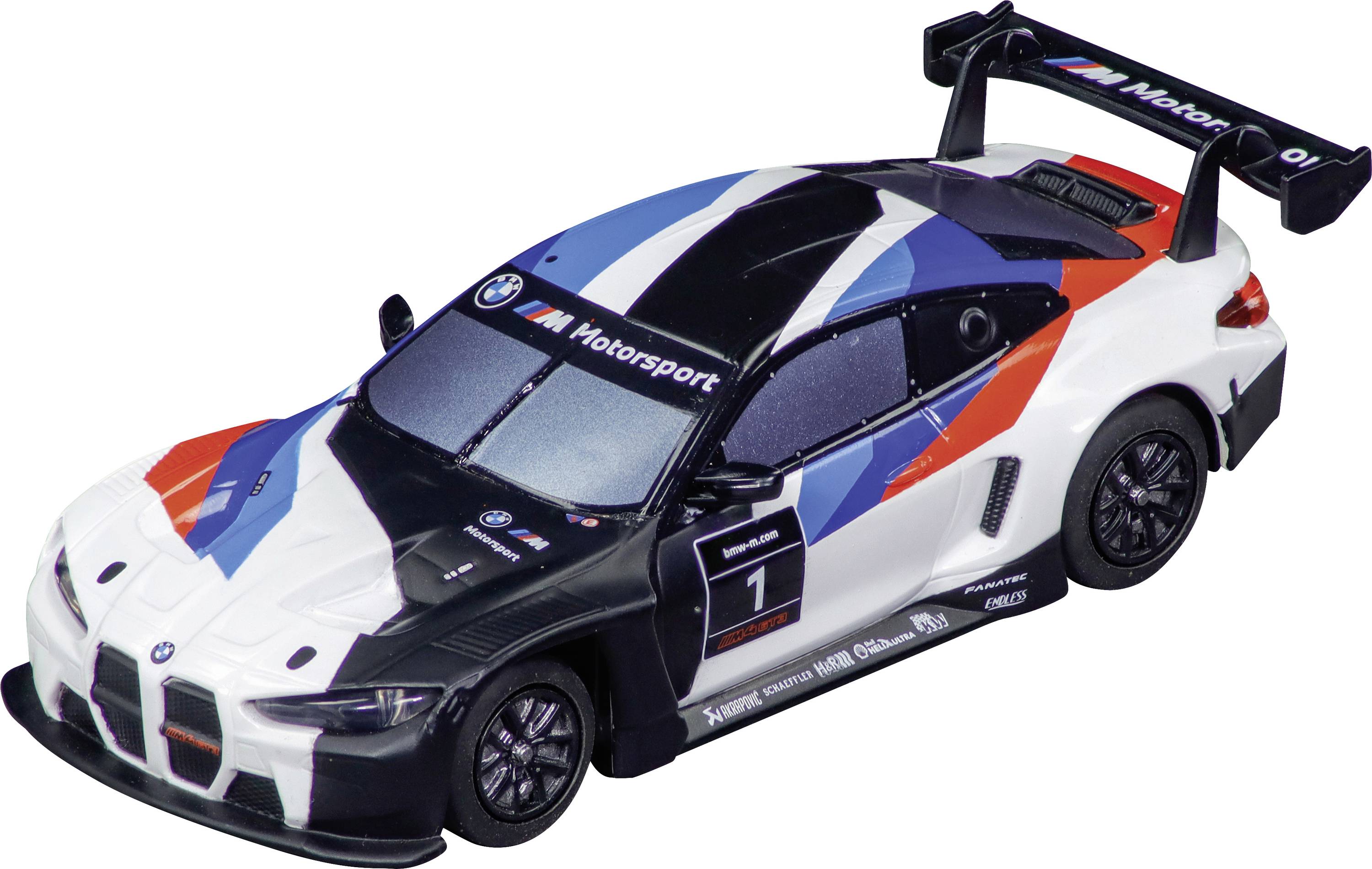 A toy car model of a BMW Motorsport race car, featuring a black and white design with blue, orange, and red patterns, and the number '1'.