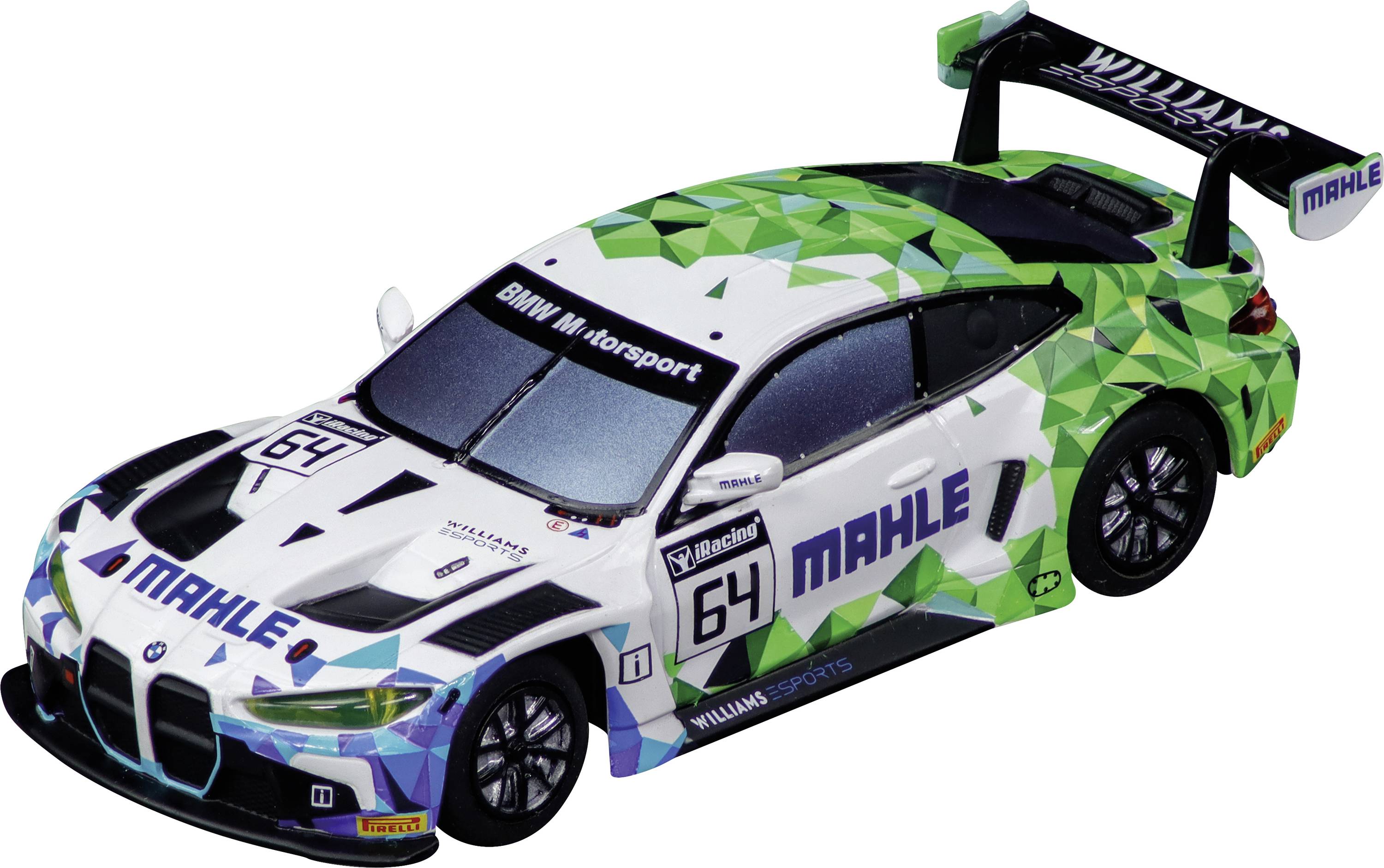 A race car with 'MAHLE' and 'BMW M Motorsport' logos, featuring green geometric patterns, number 64, and a prominent rear wing.