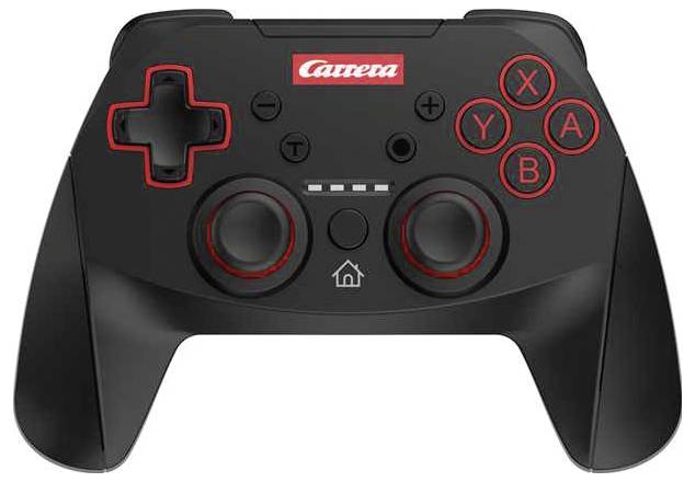 A black and red gaming controller with dual joysticks, D-pad, four labeled buttons (X, A, B, Y), and other control buttons.