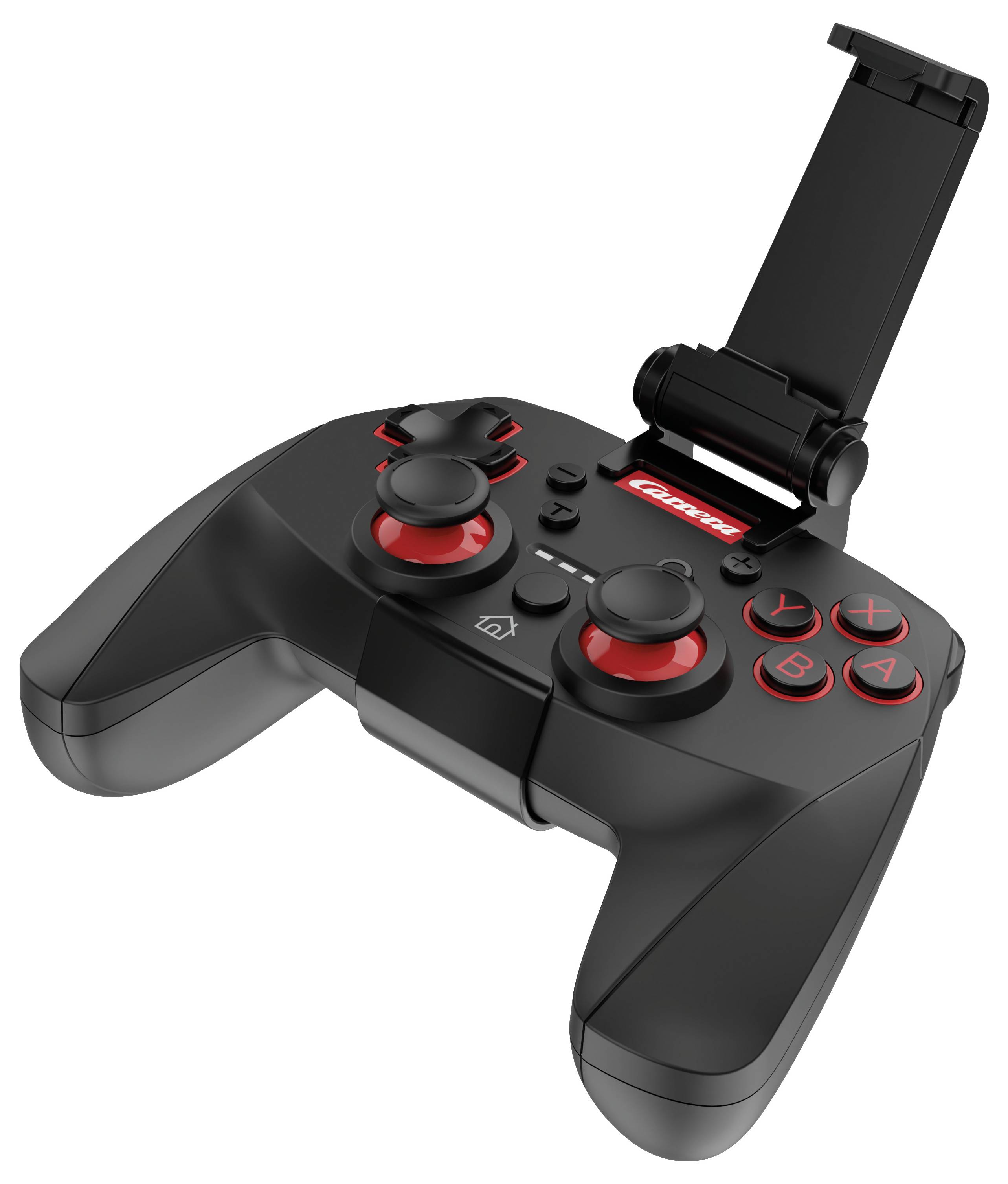 A black video game controller with red buttons and a phone holder attachment, designed for gaming on mobile devices.
