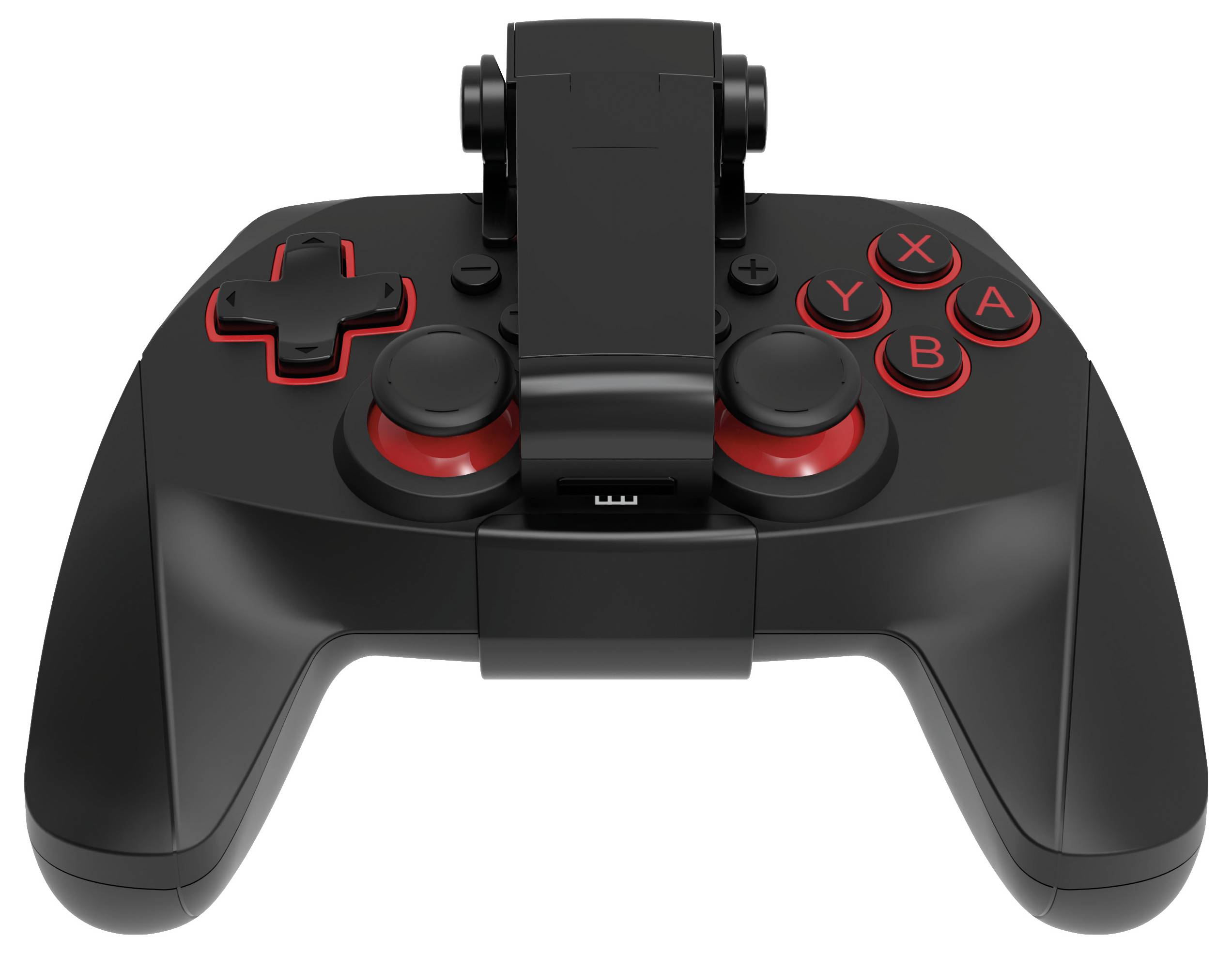 A black gaming controller with red buttons labeled 'X', 'Y', 'B', 'A', and a phone holder attached at the top center.