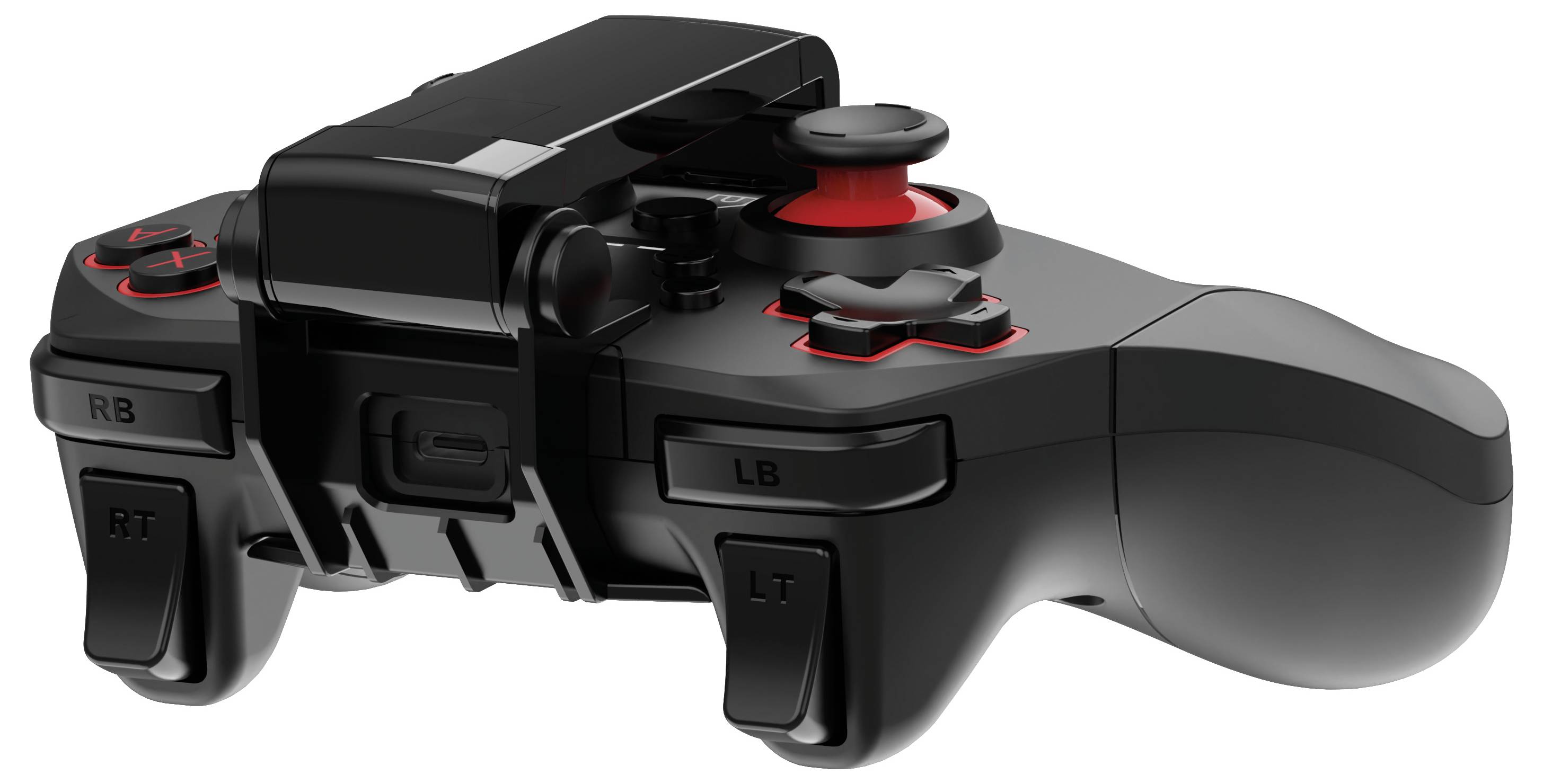 A black and red gaming controller with joystick and buttons, designed for console gaming. The controller is tilted, showing its ergonomic design.