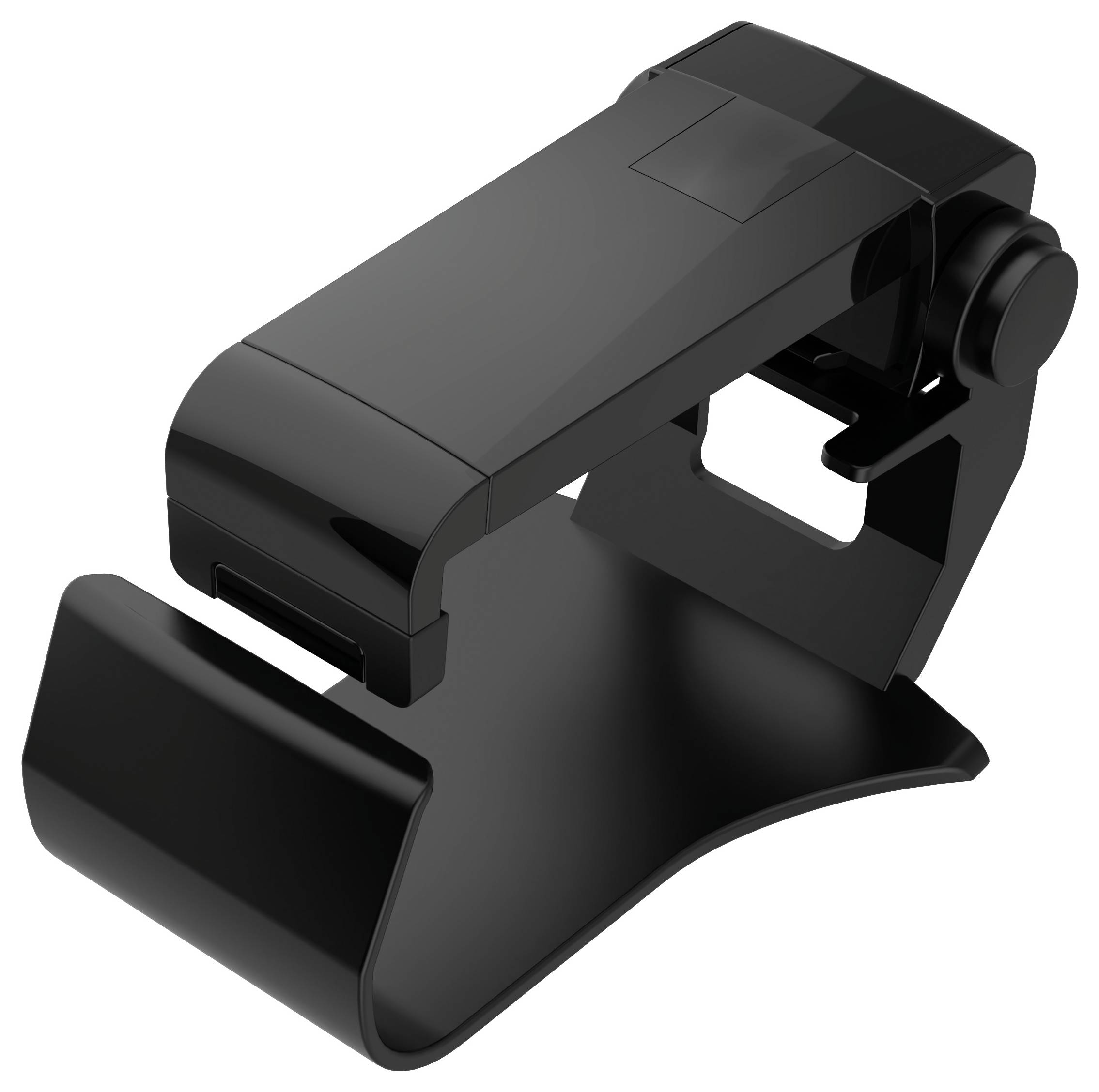 A black plastic wall hook with a curved design, featuring an adjustable clamp mechanism on the back for securing it onto surfaces.