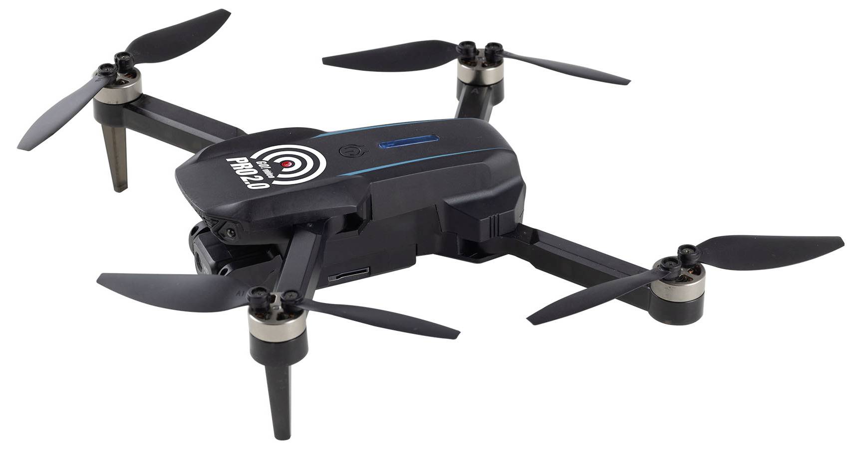 A black quadcopter drone with four propellers is shown, featuring a compact design suitable for aerial photography or videography.