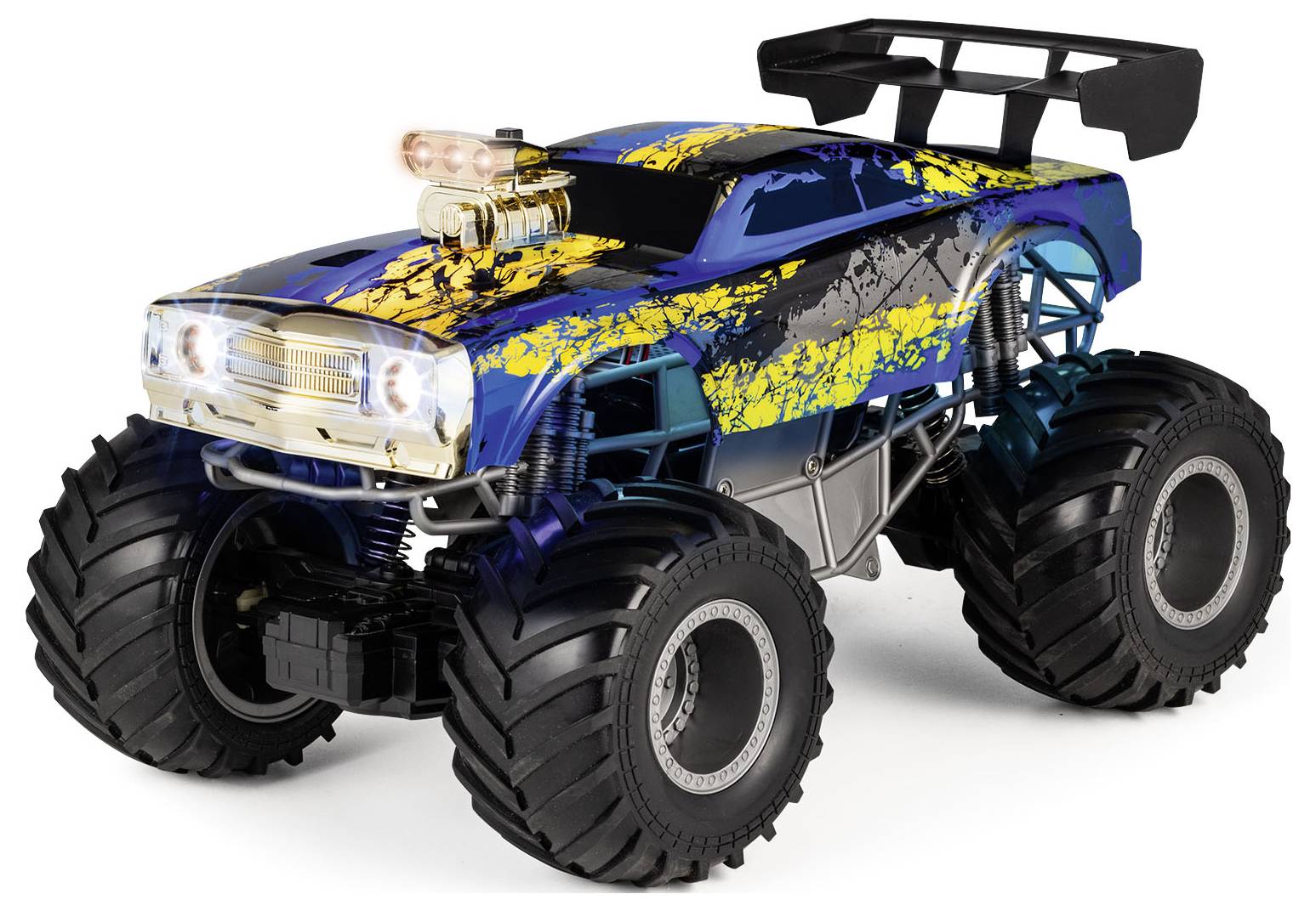 A remote-controlled monster truck with large tires and a colorful blue and yellow paint job, featuring a prominent rear spoiler.