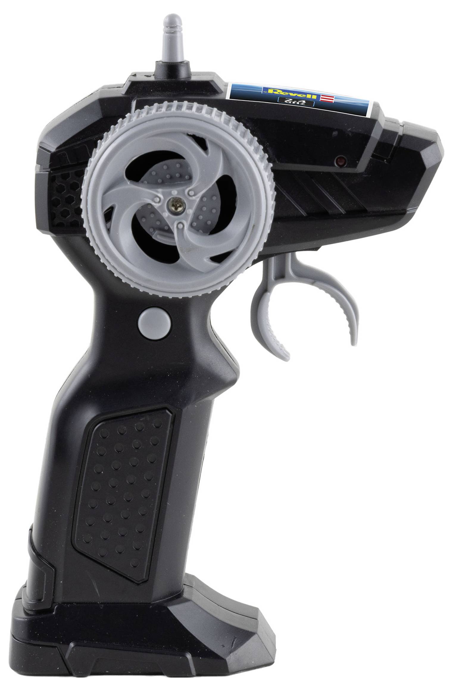A black handheld remote control with a wheel and trigger, used for operating RC vehicles. It features a small antenna on top.