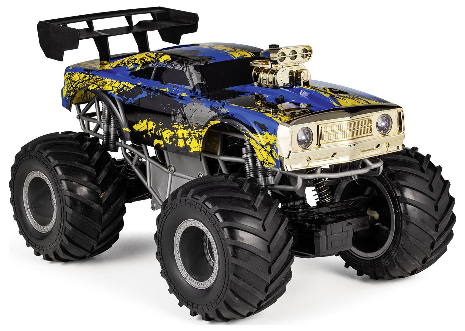 A toy monster truck with large, treaded wheels, a blue and yellow paint splatter design, and a visible engine on the hood.