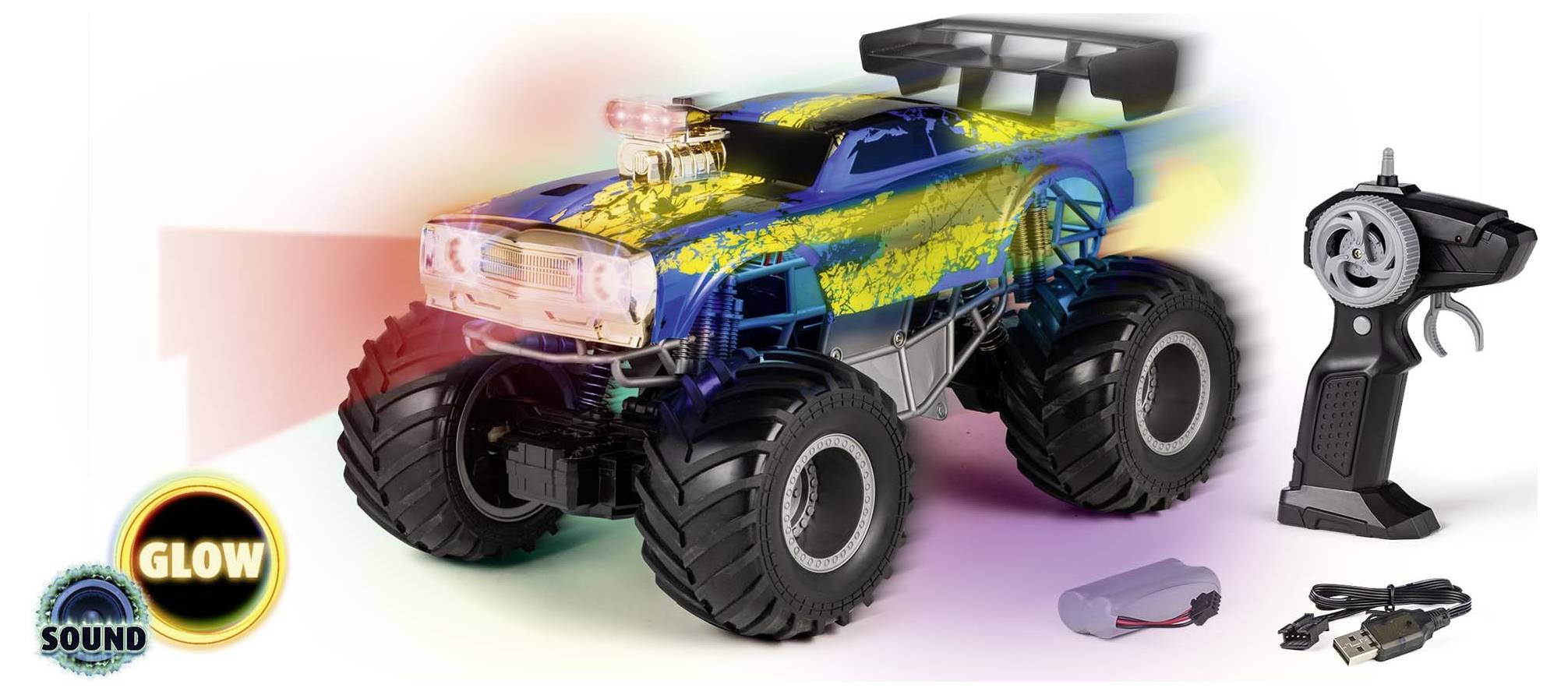 A colorful remote-controlled monster truck with large tires, sound effects, and glow features. Includes a remote control and charging accessories.