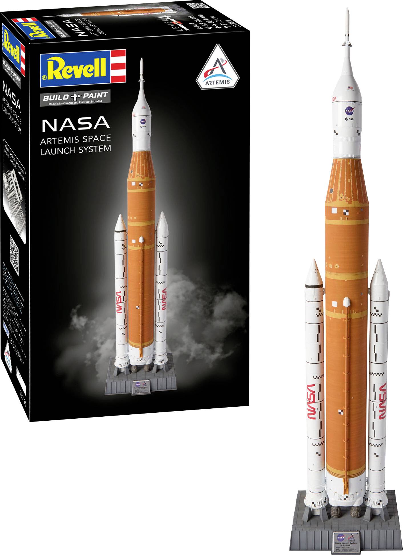 'Artemis Space Launch System' model rocket kit by Revell, featuring a detailed orange and white rocket design with a display stand.