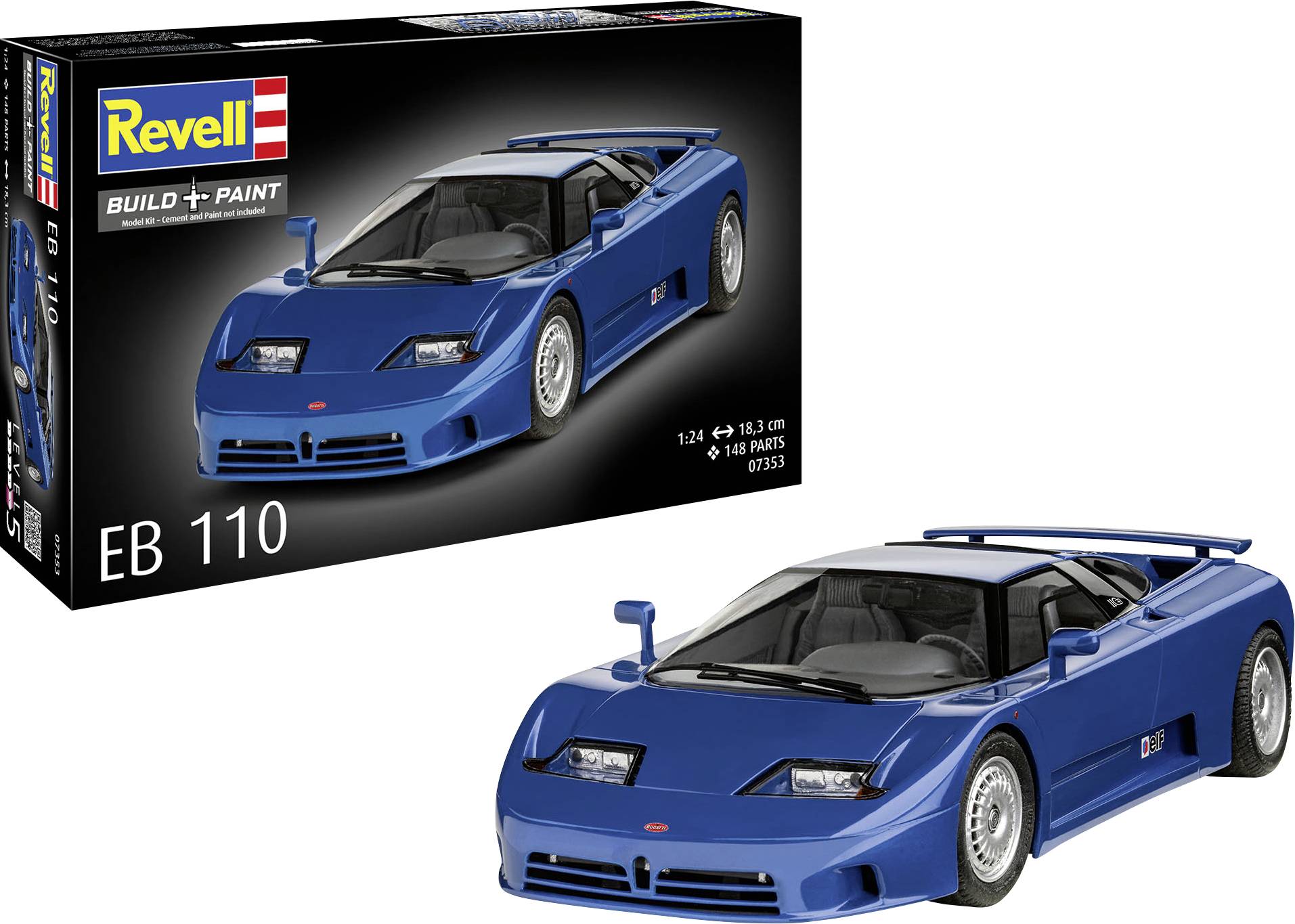 'Revell Build + Paint EB 110' model kit box and completed blue car model.