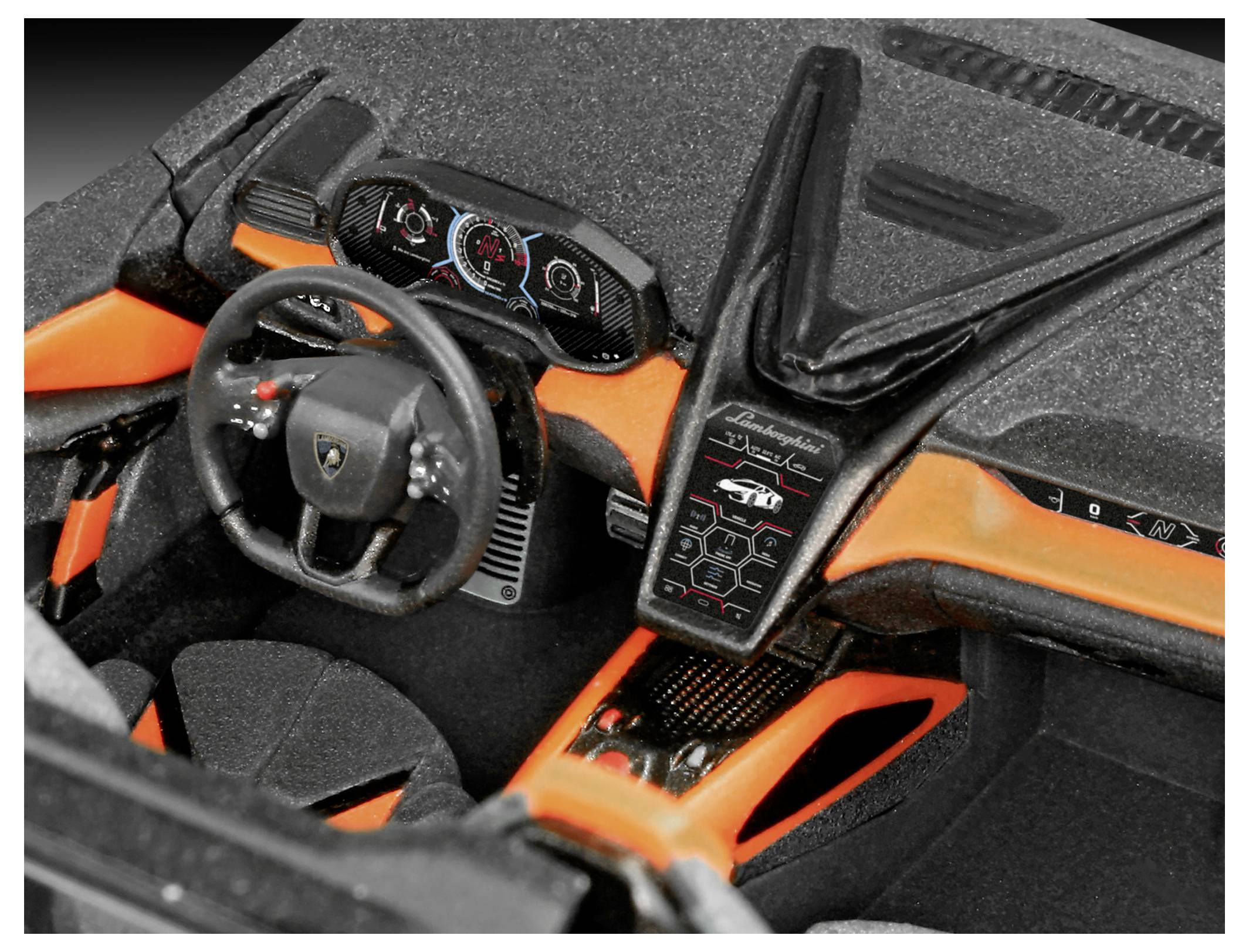 The image shows the interior of a luxury car featuring a steering wheel with a logo and a central console with digital displays and controls.