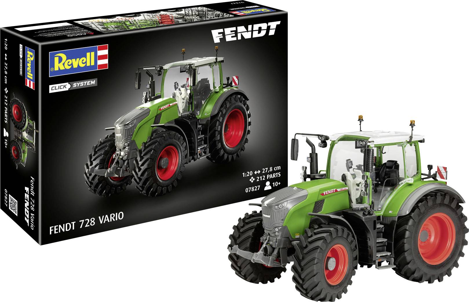Model kit box featuring a detailed green and black tractor with large red wheels. The box shows 'Revell' and 'Fendt 728 Vario'.