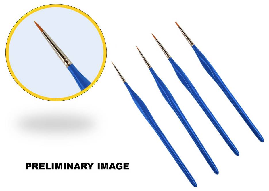 Four blue-handled paintbrushes with fine tips and a circular close-up of one brush tip. Text below reads 'PRELIMINARY IMAGE'.