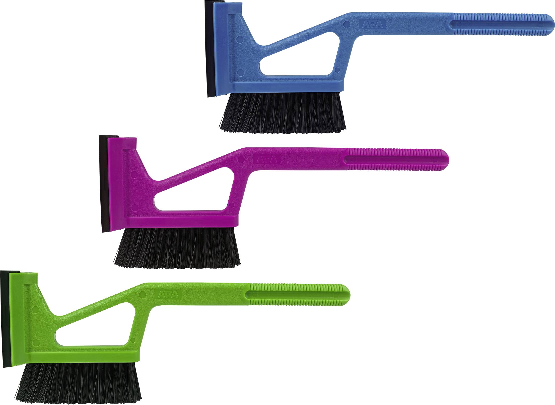 Three brightly colored scrub brushes with rubber squeegee edges: blue, purple, and green, each featuring angled handles.