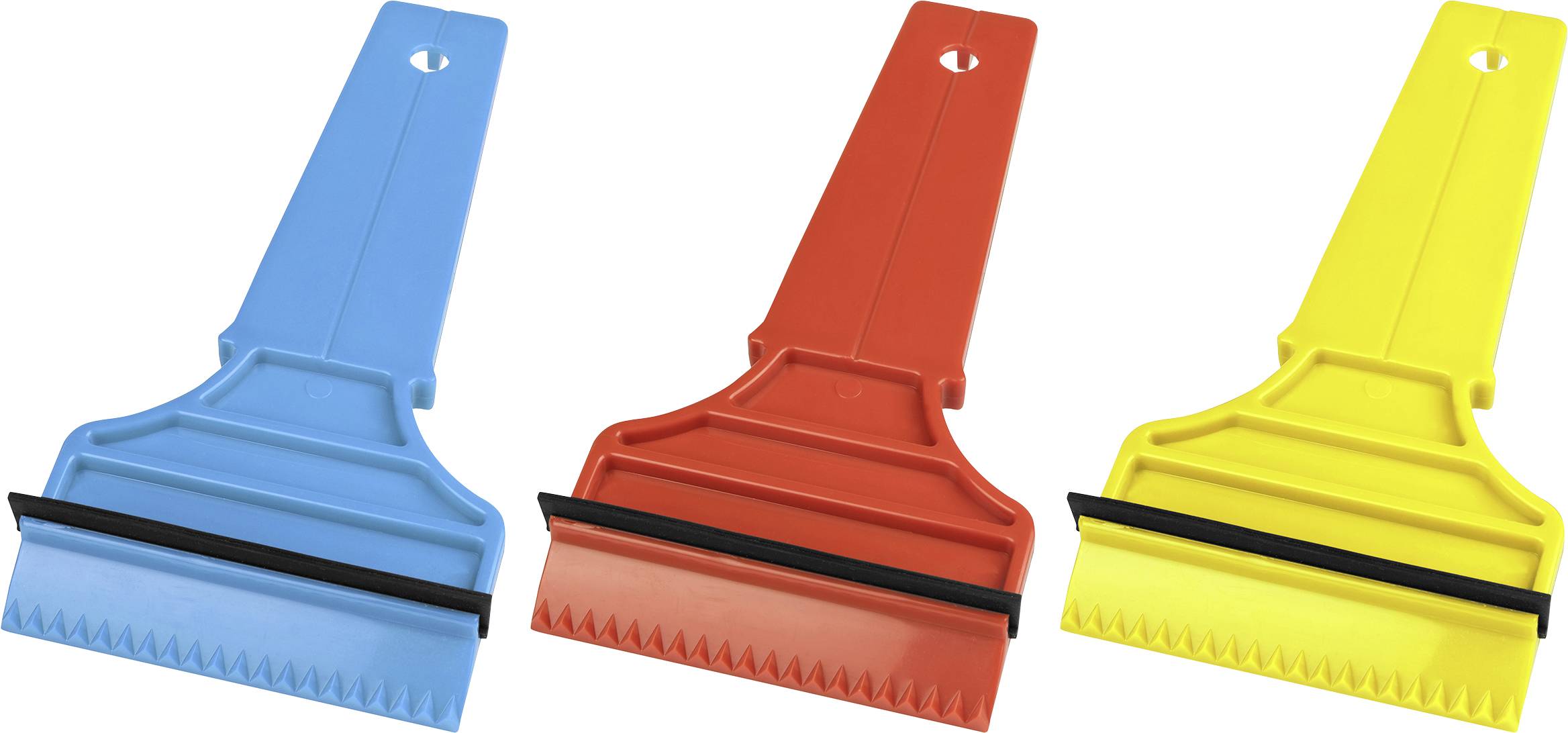 Three plastic ice scrapers in blue, red, and yellow with serrated edges and rubber blades, used for removing ice from car windows.