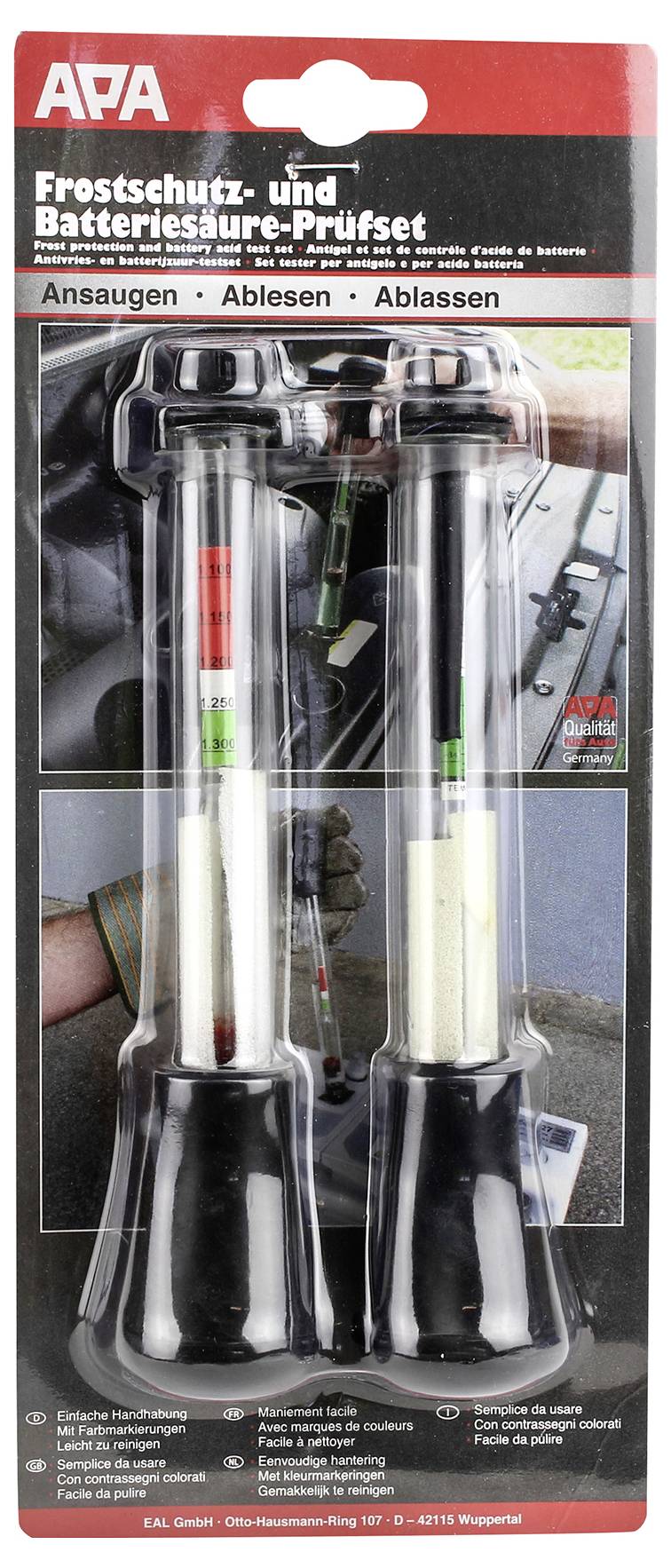 'Frostschutz- und Batteriesäure-Prüfset' package includes tools for testing antifreeze and battery acid levels.