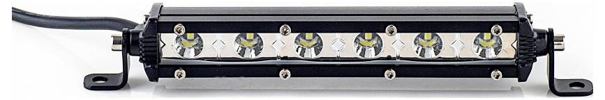 An LED light bar with six round lights in a row, mounted on a black metal frame with brackets.