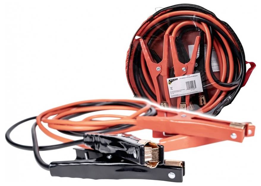 Jumper cables coiled and uncoiled, with red and black clamps for connecting vehicle batteries.