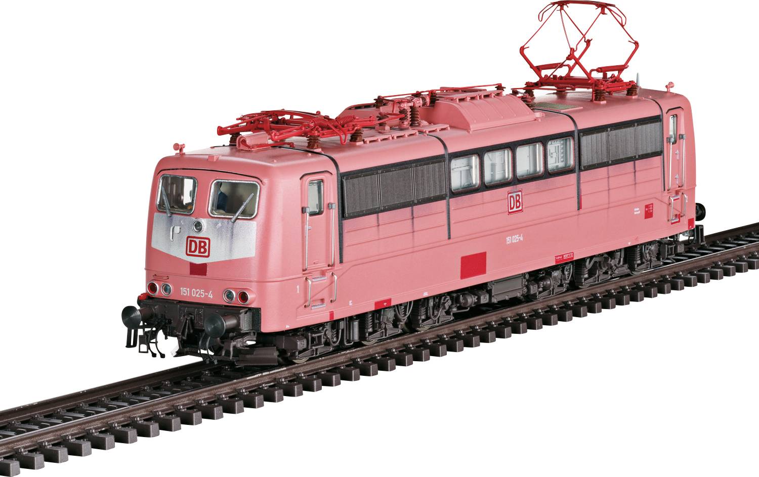A red electric locomotive with the DB logo on a railway track. It has a distinct boxy shape and pantograph on top for overhead power lines.