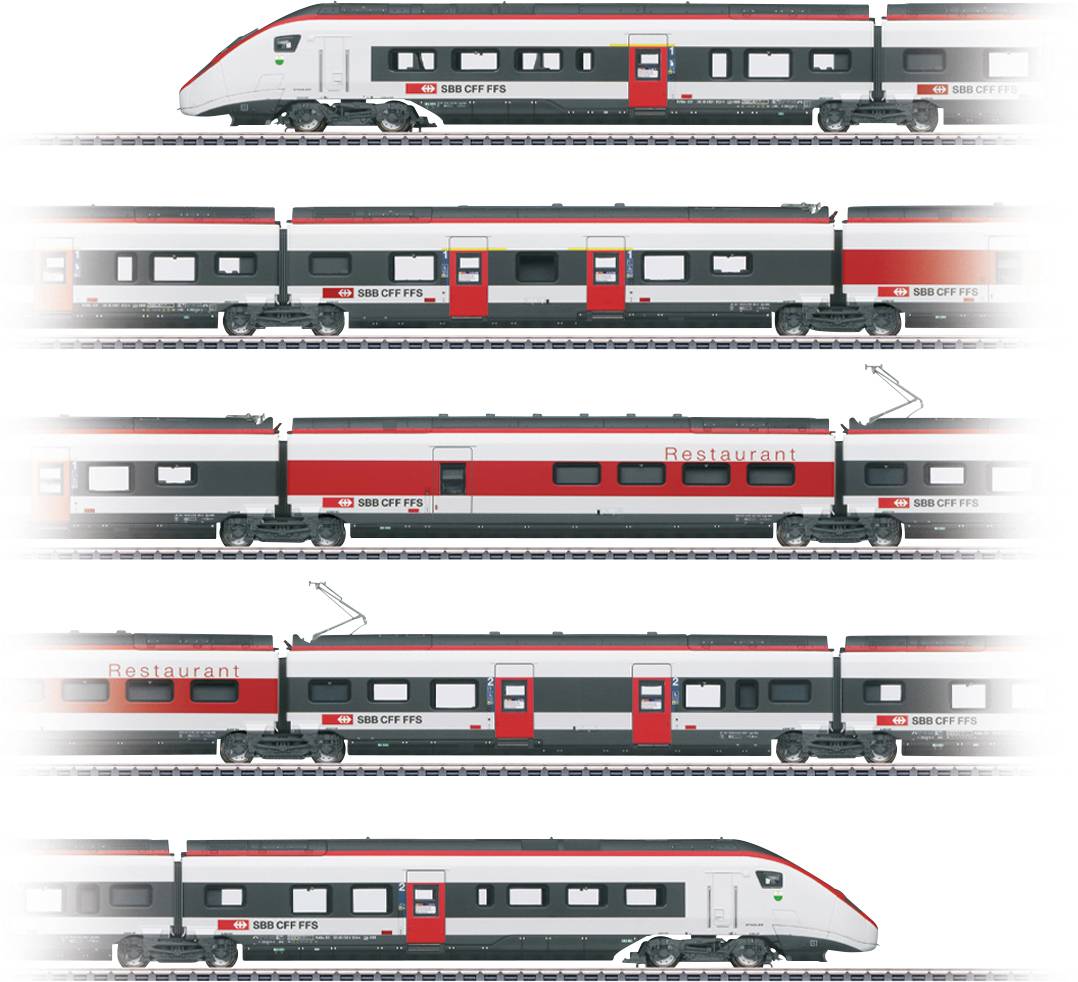 Side view of a modern Swiss train showing different carriages, including passenger and restaurant sections, labeled 'SBB CFF FFS'.