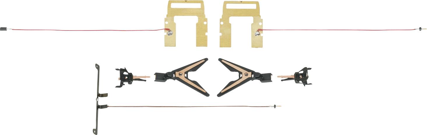 Two pairs of model train pantographs are arranged on a white background. The upper pair is gold, and the lower pair is black with copper accents.