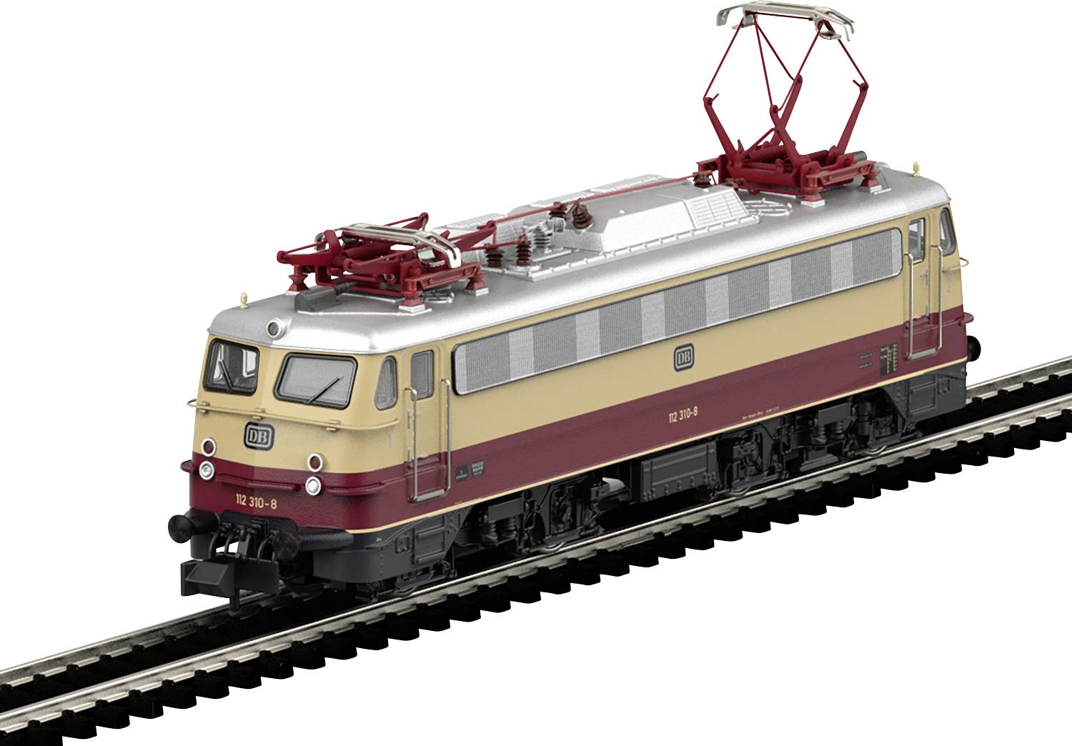 A model electric train with a red and beige body is on a track. It features pantographs on top, detailed with realistic elements.