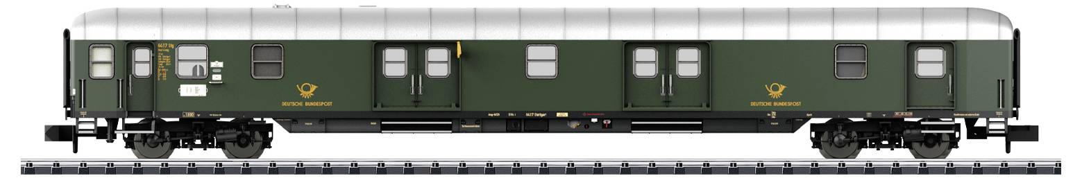 A green railway carriage with windows and 'Deutsche Bundespost' logo, set on train tracks, representing German postal transport.