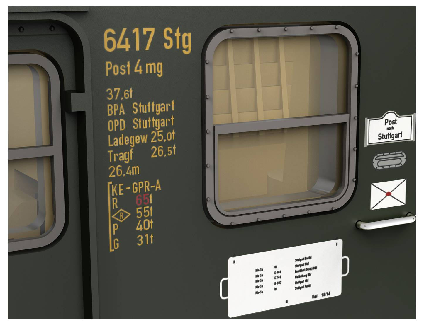 Train door with windows displaying technical specifications: weight 37.6t, Stuttg pinned, load volume 25.0t, max load 26.6t.