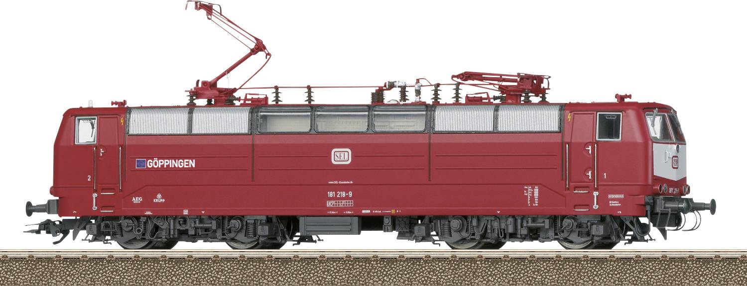 Red electric train locomotive with overhead pantograph, labeled 'Göppingen,' depicted side-on on a track, showcasing industrial design.