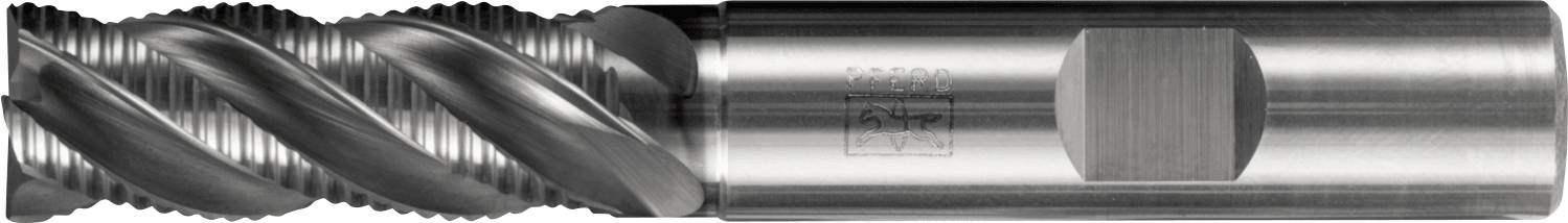 A close-up image of a metallic helical end mill tool, showcasing its spiral flutes and cylindrical shank.