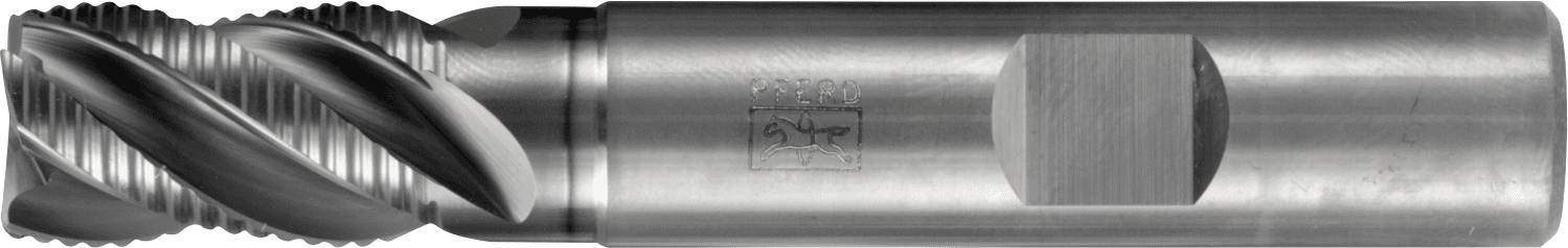 A metal helical end mill tool with a spiral cutting edge and a hexagonal shank, used for precision machining in milling operations.