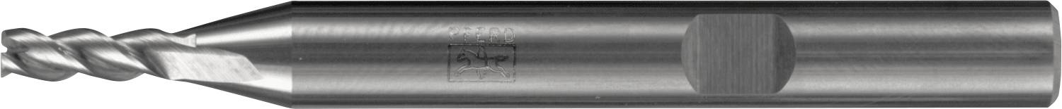 A metal end mill tool with a helical cutting bit on the left and a cylindrical shank on the right, used for industrial machining.