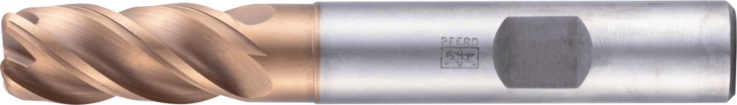 A metal end mill tool with a spiral cutting design, featuring a copper-colored coating on the cutting edges and a cylindrical steel shank.