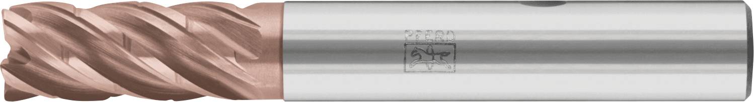 A metal end mill cutting tool with a helical flute design and smooth cylindrical shank used for machining operations.