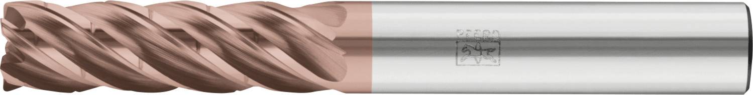A metallic cutting tool with a spiraled, copper-colored end and a smooth, silver handle, typically used in machining processes.