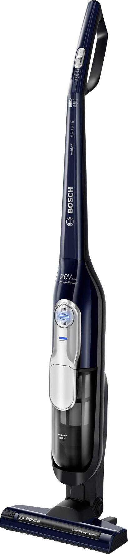 A cordless upright vacuum cleaner with a sleek design, featuring a dark blue finish and transparent dust container, shown in a standing position.
