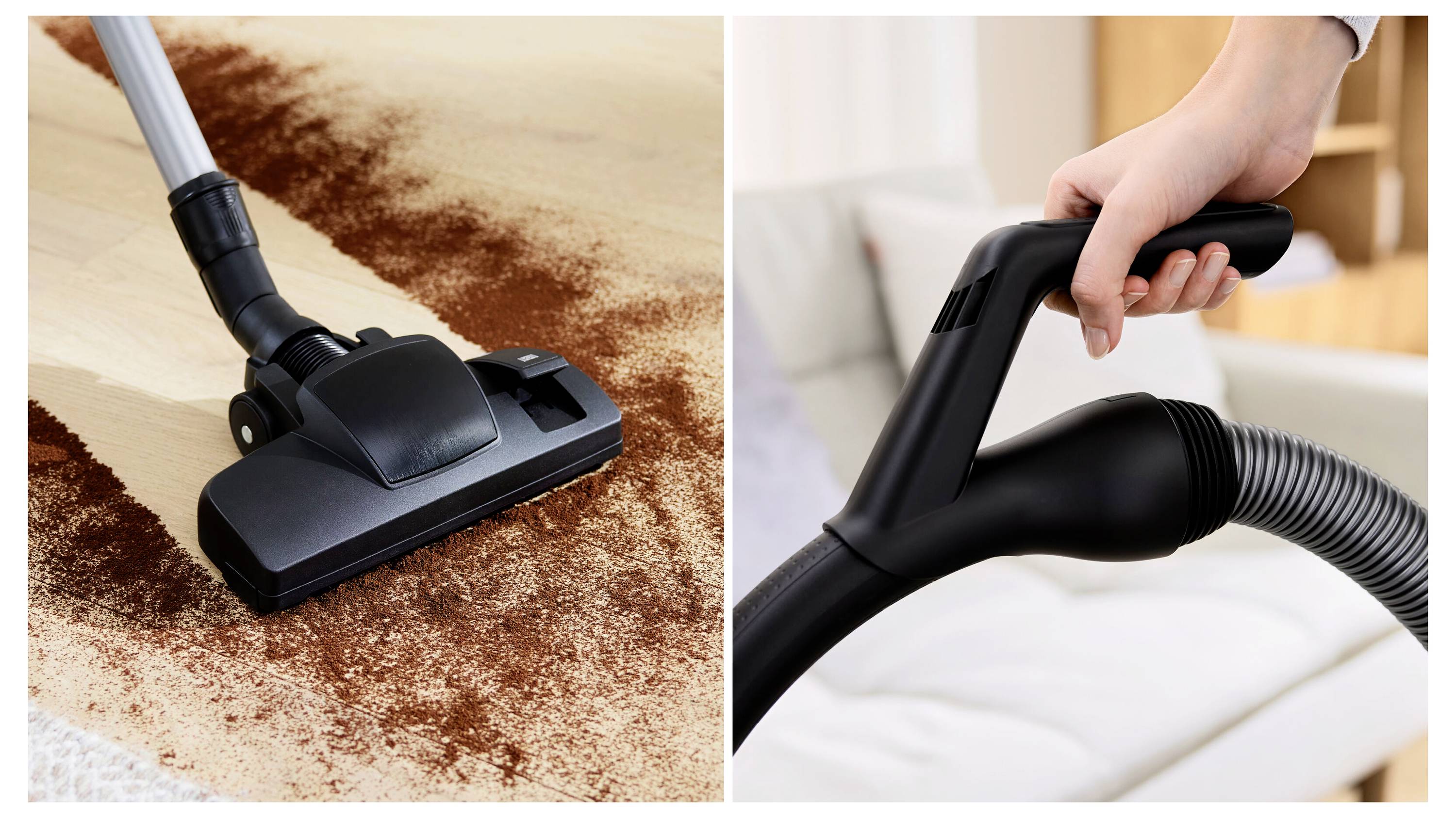 Vacuum cleaner on floor removing dirt; person holding vacuum handle, suggesting ease of use for cleaning.
