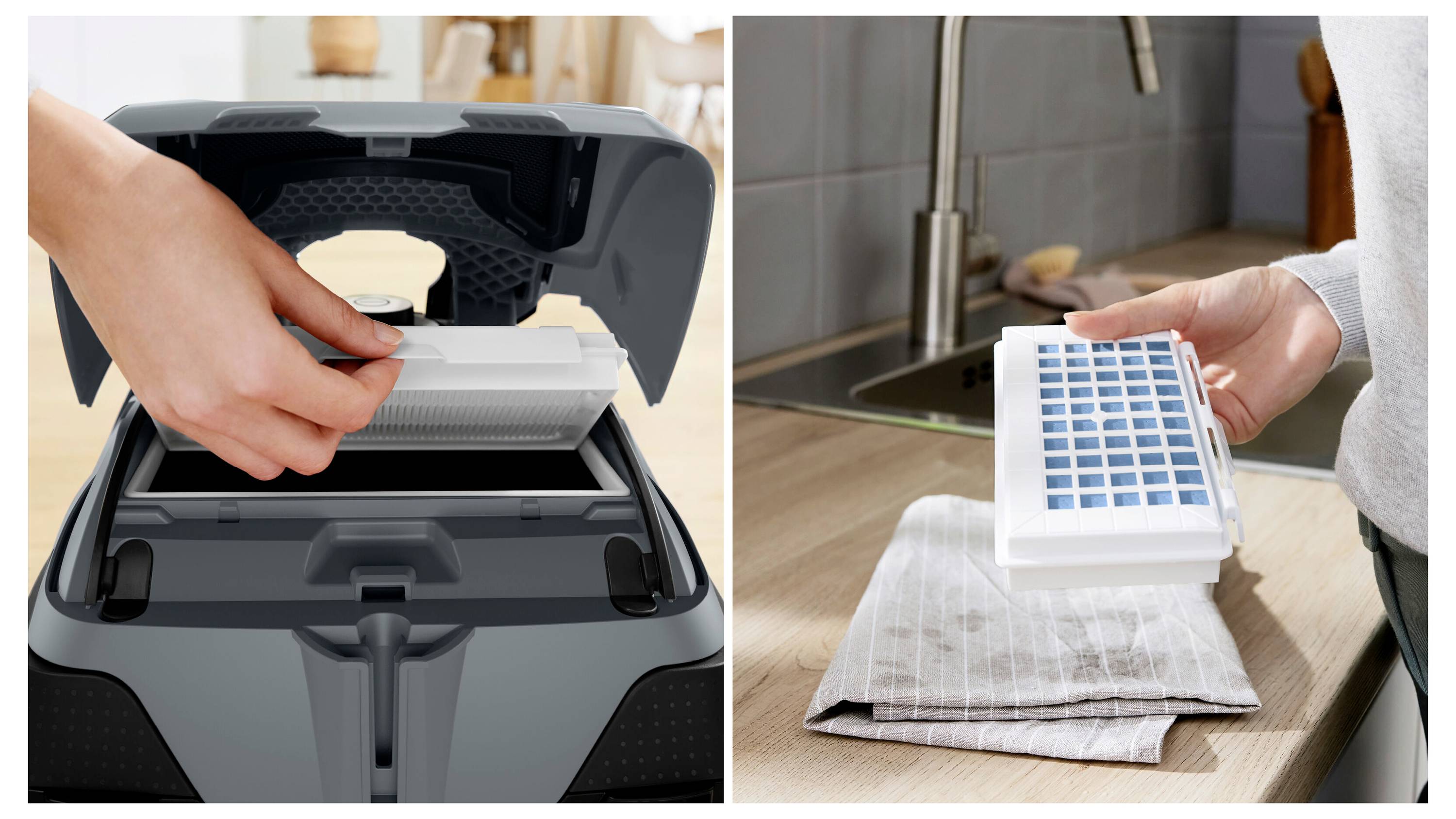 Left: Close-up of a person inserting a filter into a vacuum cleaner. Right: Person holding a different filter above a cloth in a kitchen.