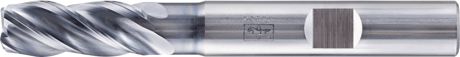 A close-up of a metallic drill bit with spiral cutting edges and a cylindrical base, used for precise cutting in machining processes.