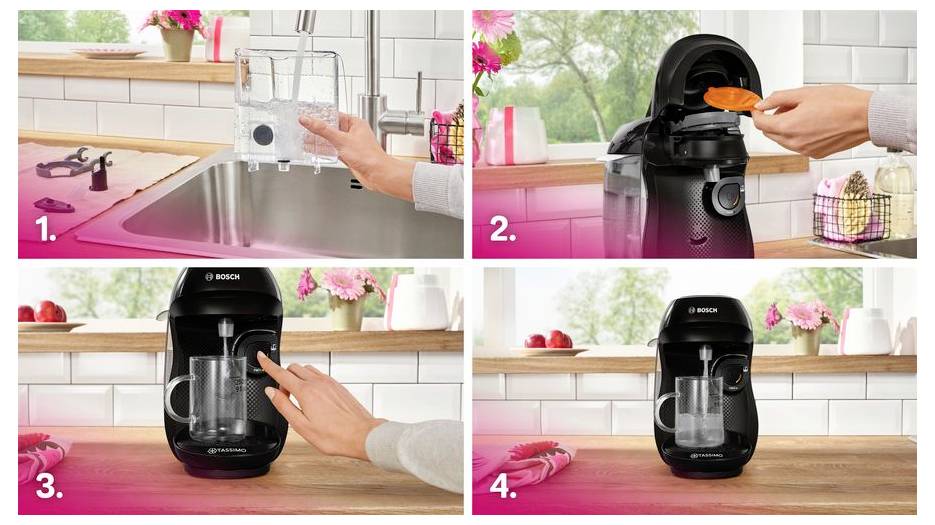 Step-by-step guide to using a coffee machine: 1. Fill the water tank. 2. Insert a coffee capsule. 3. Press the button to start. 4. Enjoy the brewed coffee.