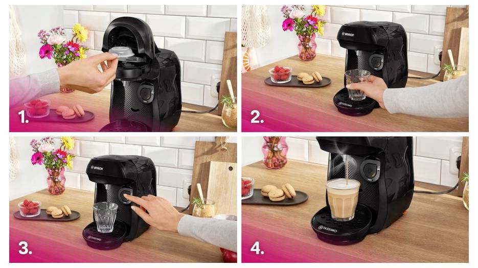 Four-step coffee making process with a coffee machine: 1. Open lid and place pod. 2. Close lid. 3. Press button. 4. Coffee pours into cup.