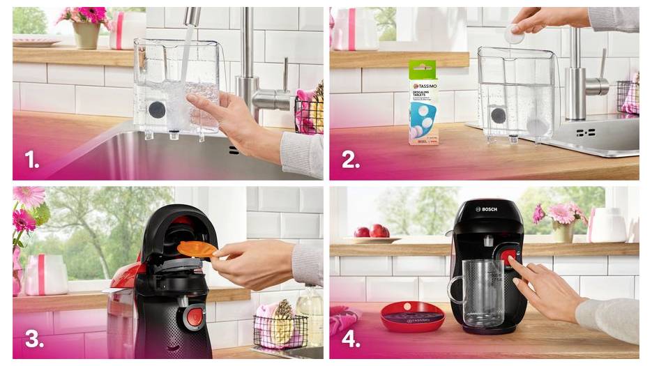 Four-step process for using a coffee machine: 1. Fill the water tank. 2. Add a coffee capsule. 3. Insert the capsule holder. 4. Press the start button.