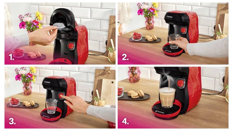 A red coffee machine brewing coffee in four steps: 1. Insert pod, 2. Place cup, 3. Press button, 4. Full coffee cup ready.