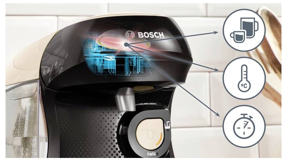A coffee machine with the brand name 'Bosch' on display features labeled buttons for cup size, temperature control, and brewing time.