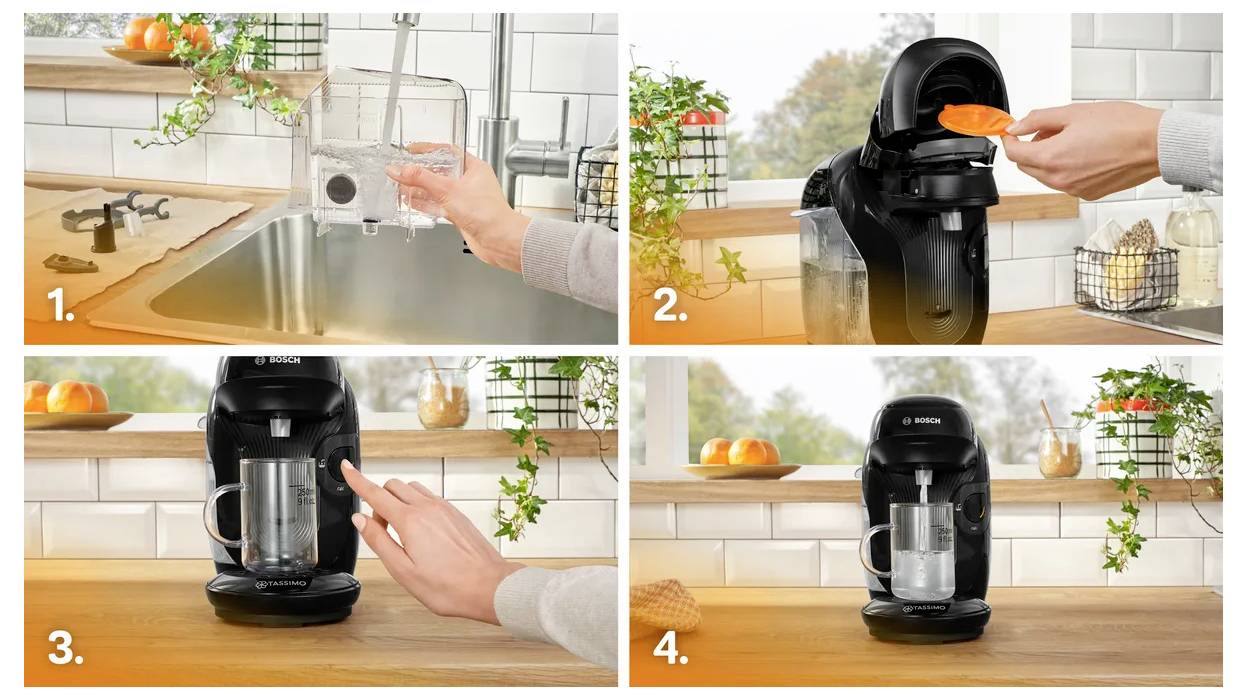 Step-by-step guide for using a coffee machine: 1. Fill water tank. 2. Insert coffee pod. 3. Place mug under dispenser. 4. Press start button.