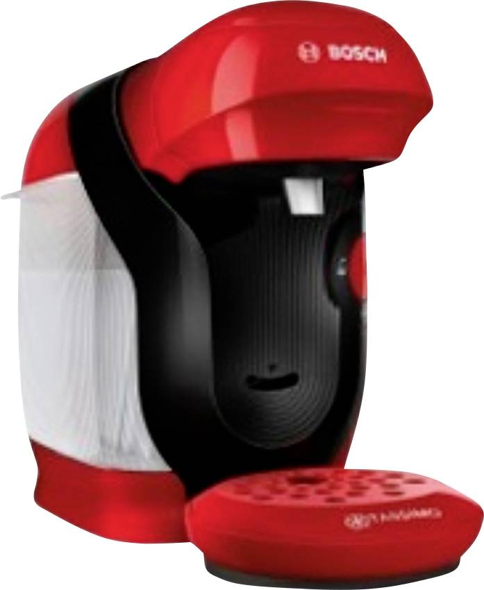 A red Bosch coffee machine with a sleek black panel and drip tray, designed for single-serve coffee pods.
