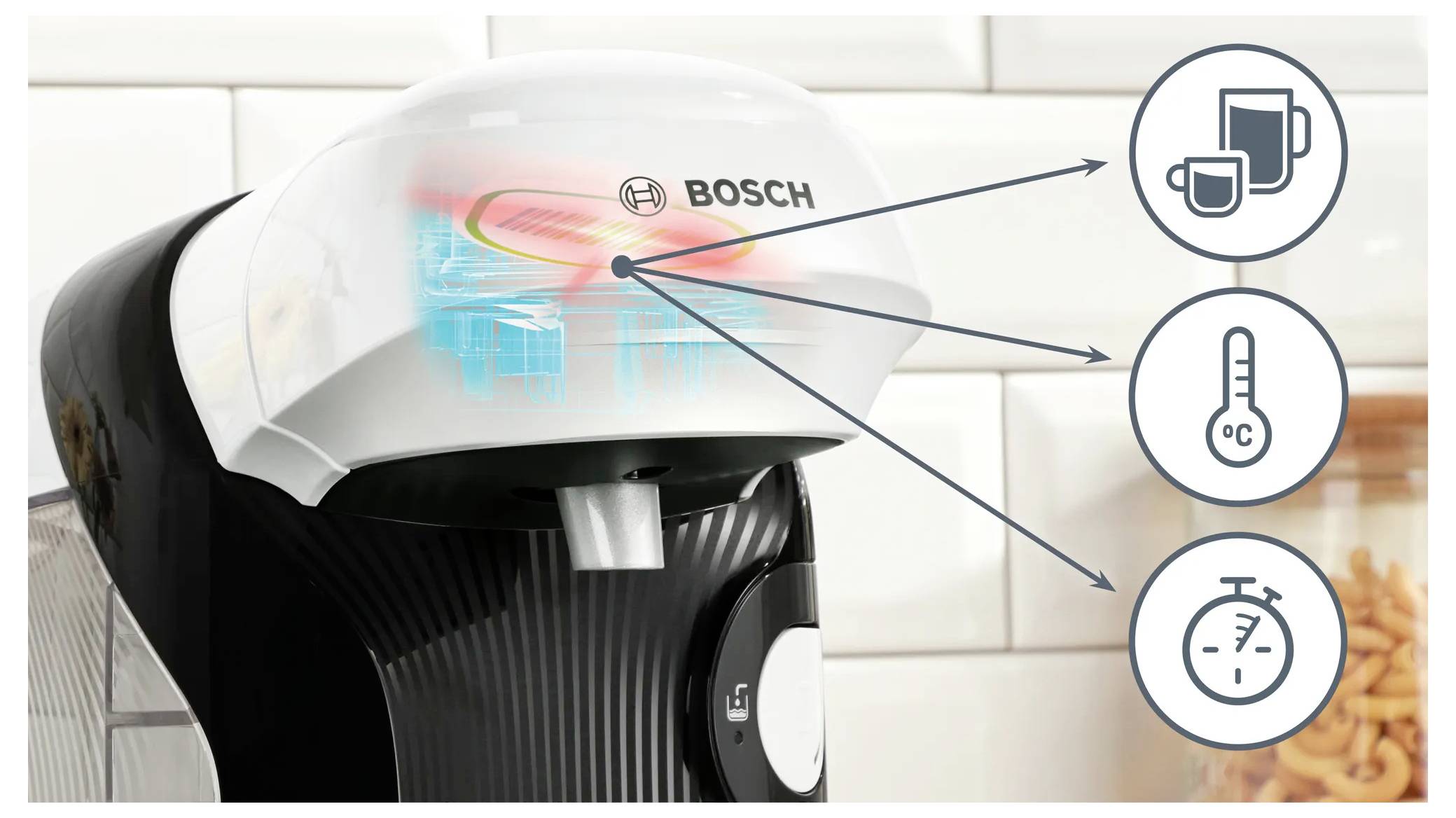 A Bosch water kettle with illuminated indicators showing functions: cup size, temperature, and timer settings for precise control.
