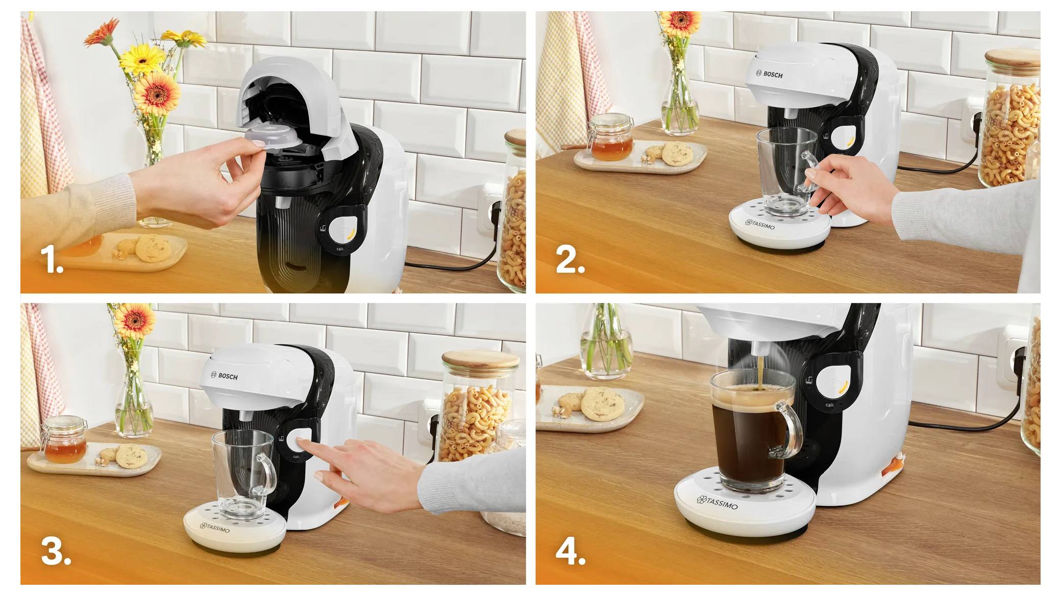 Four-step process of brewing coffee: 1. Insert capsule in machine. 2. Press start button. 3. Brewing coffee fills cup. 4. Cup of coffee ready.