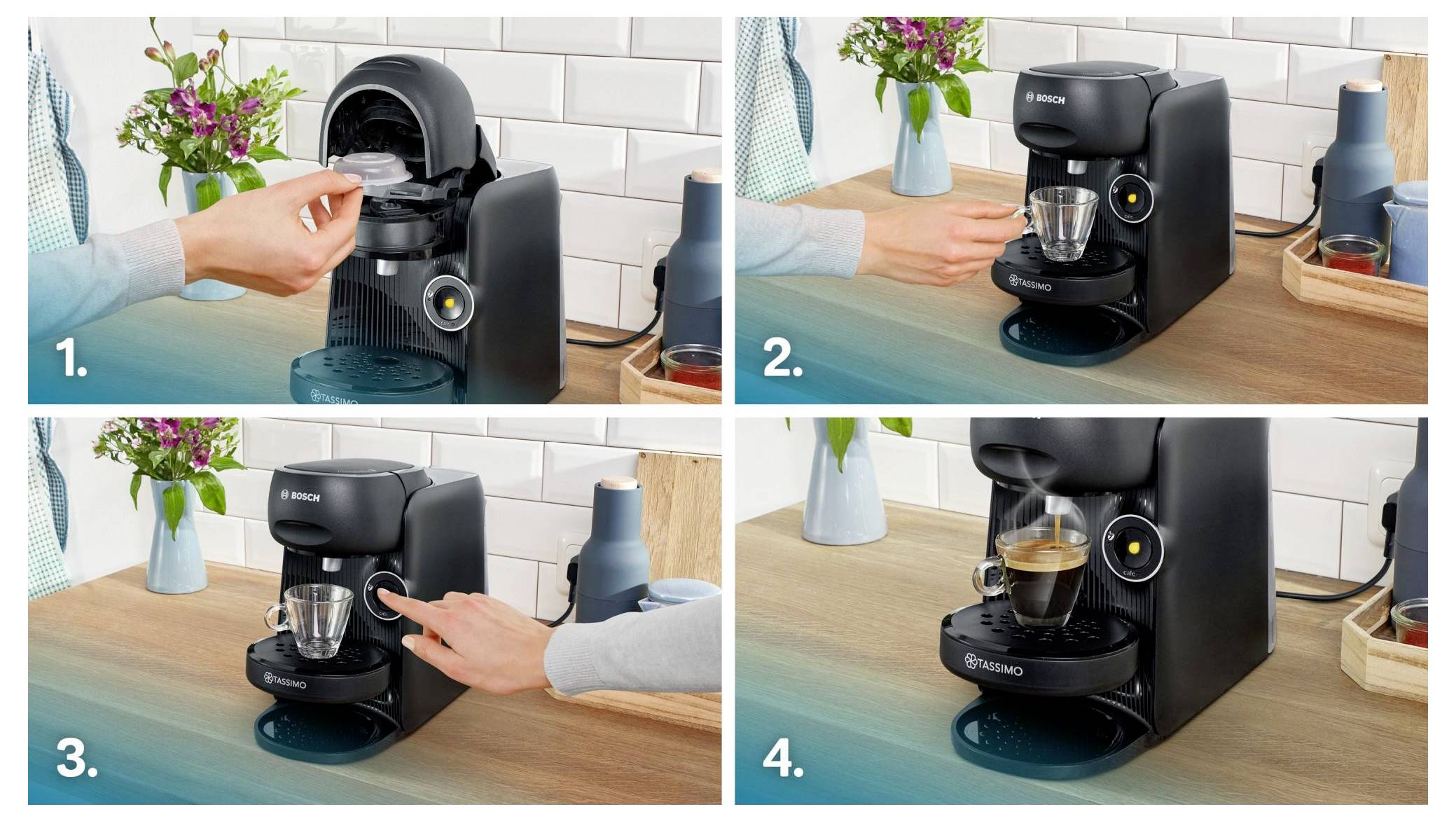 'Steps to use a coffee machine: 1. Insert capsule. 2. Place cup. 3. Press button. 4. Coffee is served.' Counter with flowers, jug, and cups in background.